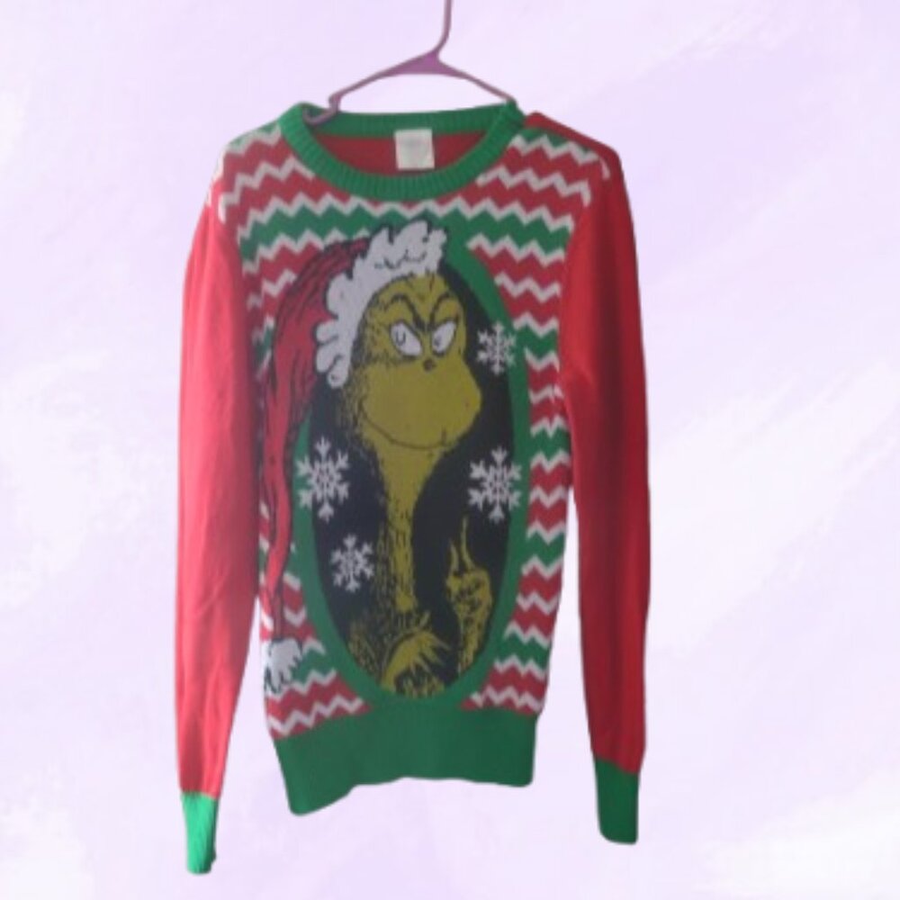 The Grinch Men's ugly christmas sweater grinch in Santa hat with snowflakes  red